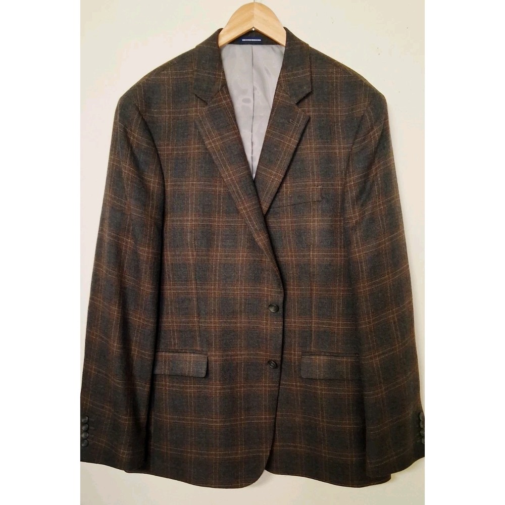 Stafford Plaid Blazer Classic Fit 46L‎ Brown Check Sport Coat Windowpane Jacket - Picture 2 of 10